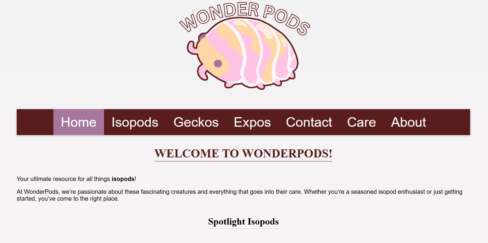 WonderIsopods Homepage Screenshot